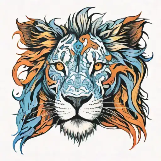 Colored Lion With Blue Eyes And Fire Features