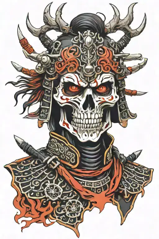 Skull Face Samurai With Red And Black Armour And Flame Eyes