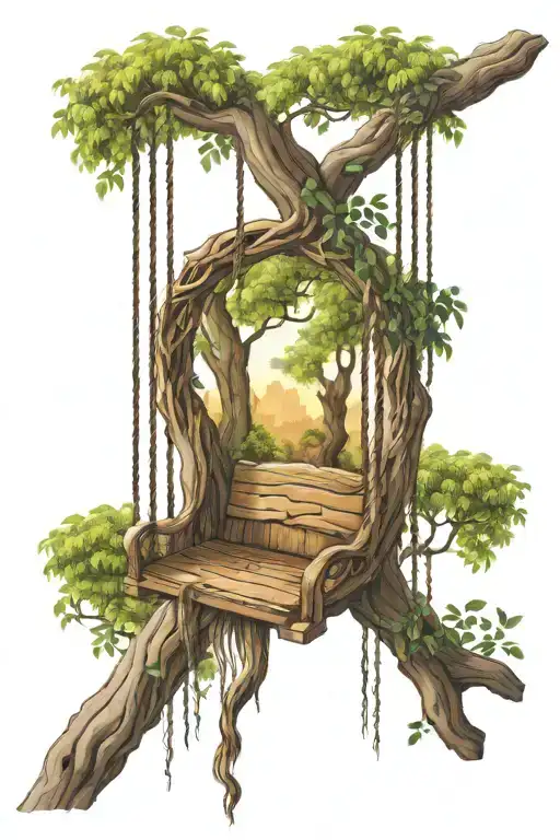 Willow Tree With Wood Swing Hanging From Branch