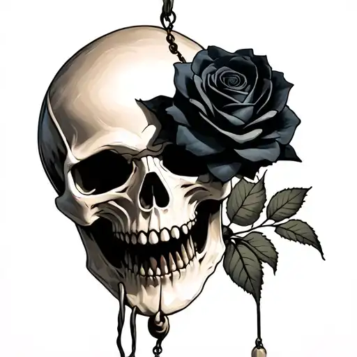 Skull With Fangs And A Black Rose Hanging From Its Mouth
