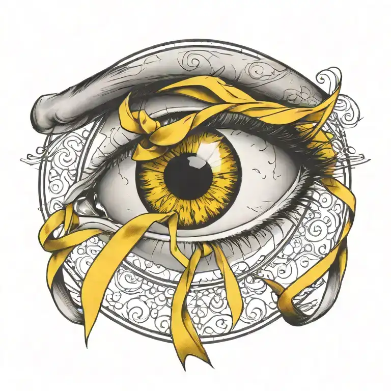 Eye Tattoo Inside Of A Yellow Cancer Ribbon With A Silhouette