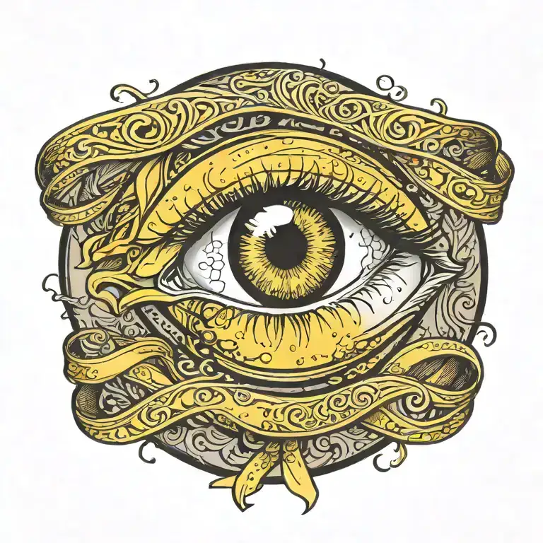 Eye Tattoo Inside Of A Yellow Cancer Ribbon With A Silhouette