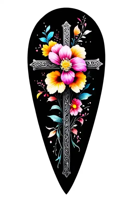 Black And White Cross With Colorful Flower Background