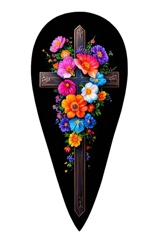 Cross With Lots Of Colorful Flowers In Background