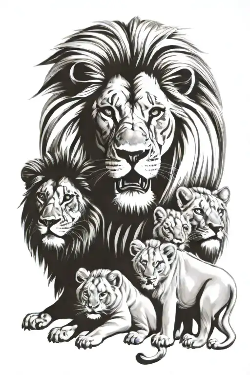 Lion Family With Lion Father Mother And 6 Baby Lions