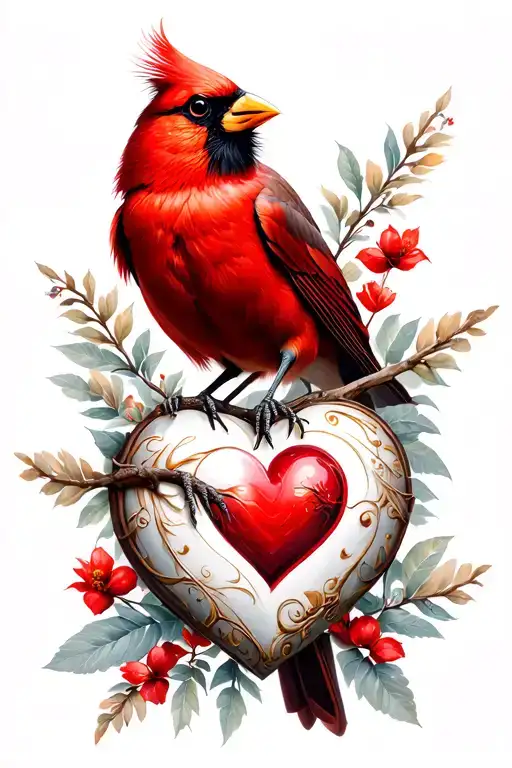 Red Cardinal Holding Heart Surrounded