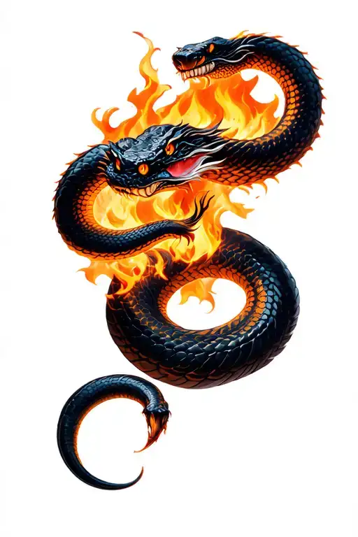A Chinese Style Black Snake Emerging From A Realistic Fire