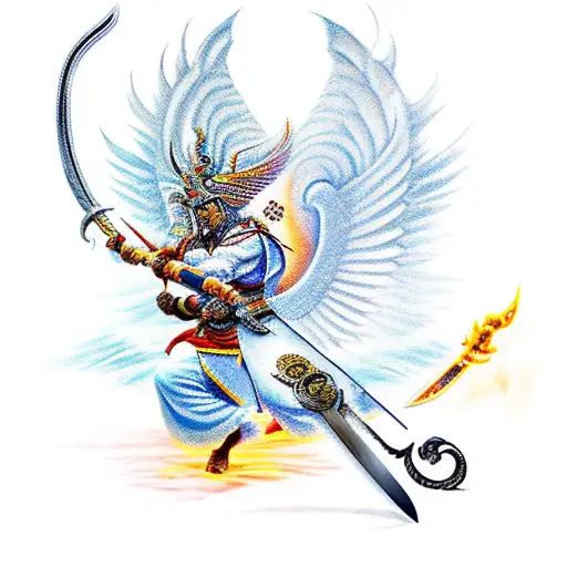 Garuda And Warrior Facing Battle With Sword In A Battle And With The Japanese Background