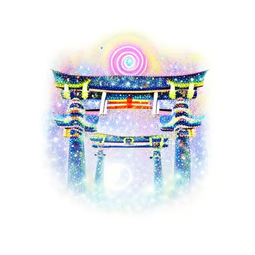 Torii Gate In A Field With A Colourful Starry Night Sky