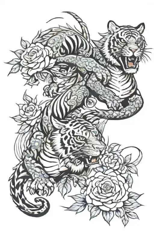 Dragon And Tiger Fighting With Daisys And Roses Around Them