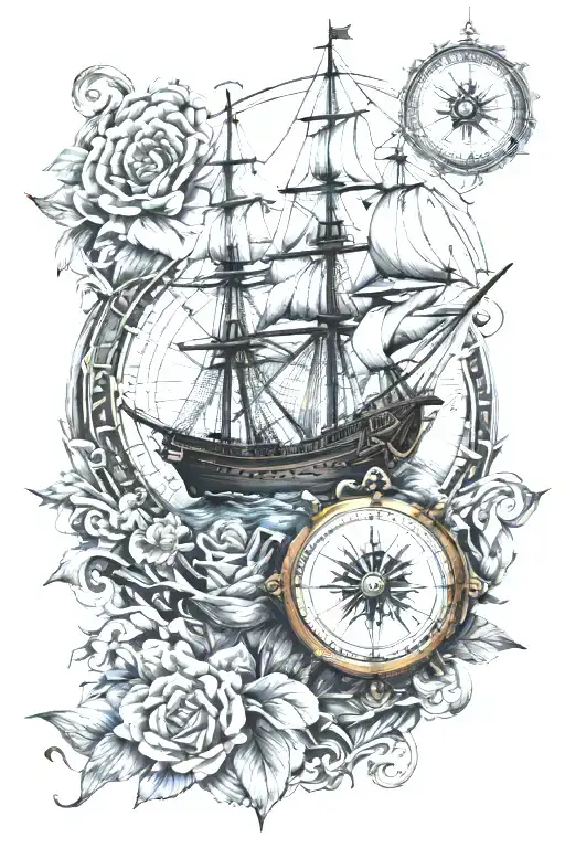 Ship And Compass Rose