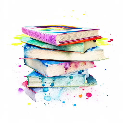 A Stack Of Books With Vibrant Watercolor Splashes And Fineline