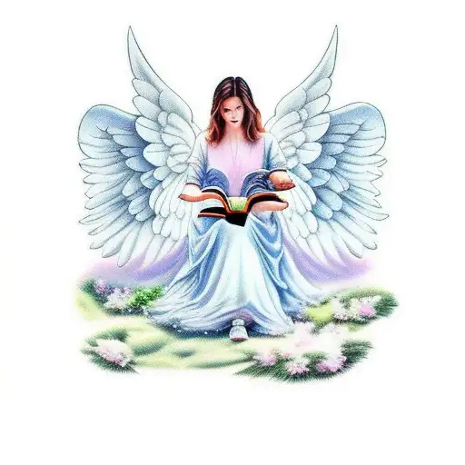 A Beautiful Angel Reading A Book In A Peaceful Forest Setting