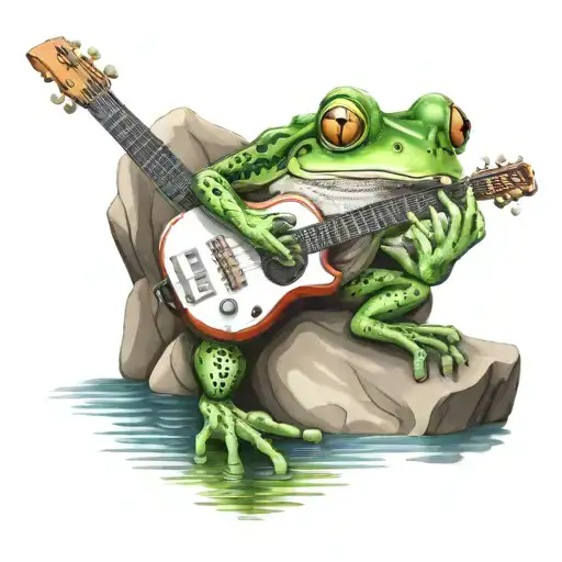 Frog Playing Guitar On A Rock In A Pond