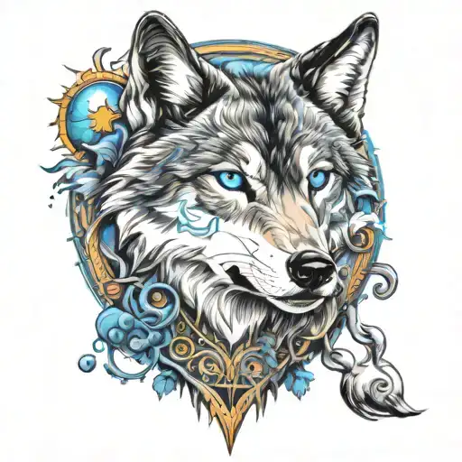 Wolf With Blue Eyes And Sun Rising