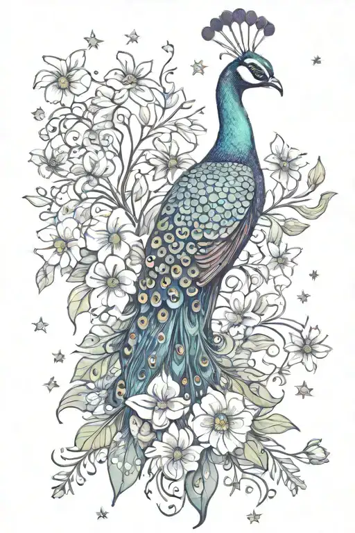 Wild Flowers Intertwined With Peacock And Stars Forming