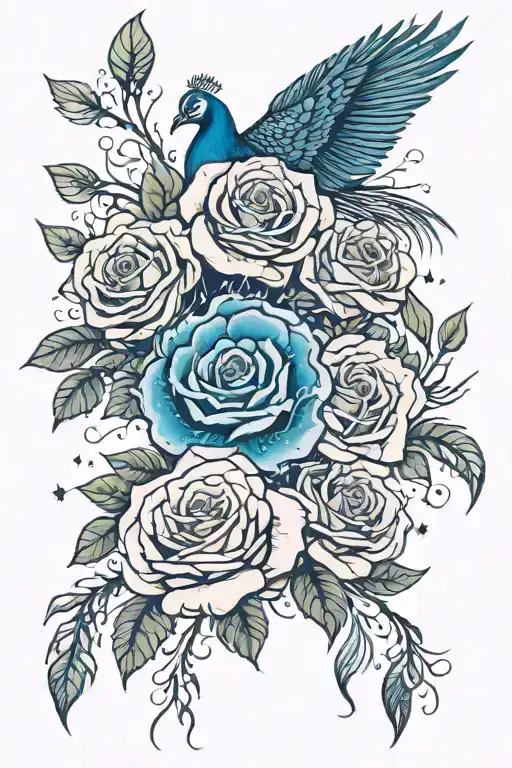 Roses Dripping Intertwined With Peacock Feathers And Stars