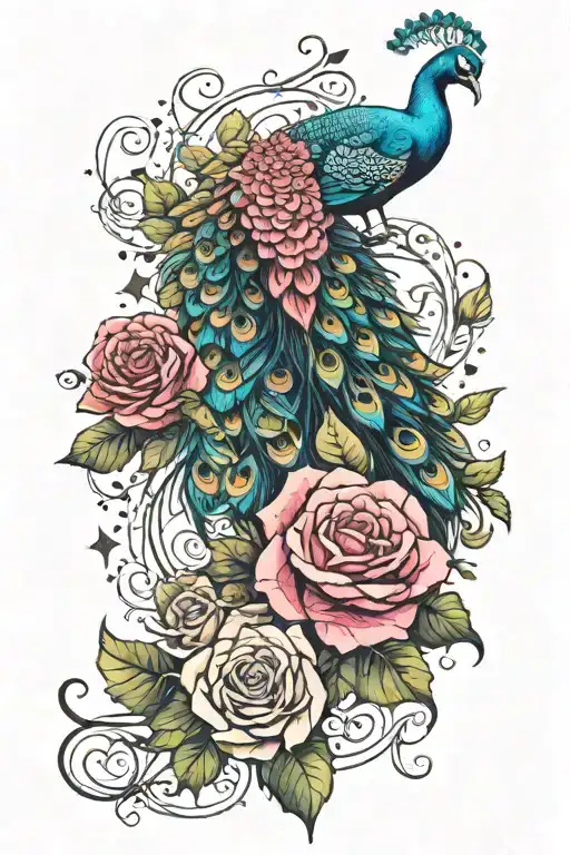 Peacock Intertwined With Roses Wrapped With Stars