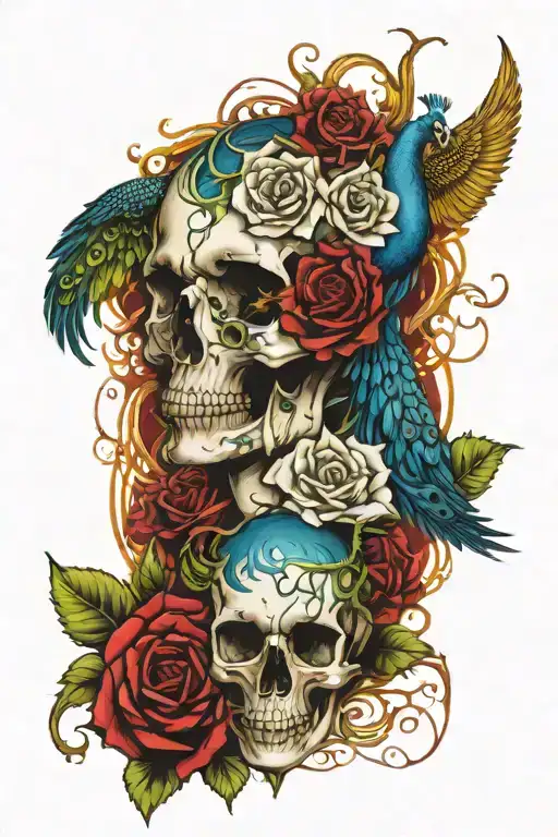 A Tattoo Featuring Good Vs Evil Intertwined With A Peacock And Thorny Roses With Blood Dripping