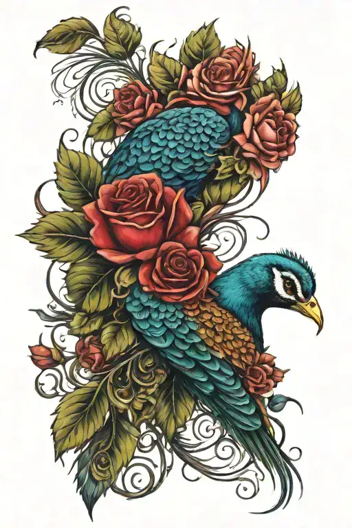 A Tattoo Representing Good Vs Evil With Thorny Roses Intertwined With Peacock Feathers