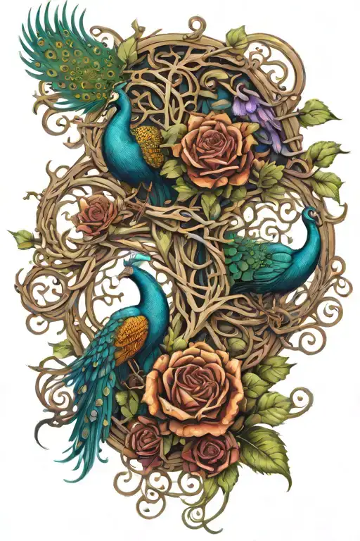 Tattoo Depicting Good Vs Evil Intertwined With Thorny Vines And Peacock