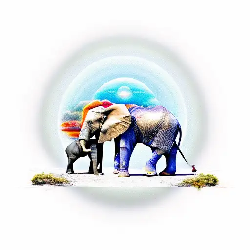 Big Elephant And Baby Elephant Walking Toward A Sunset With Halos