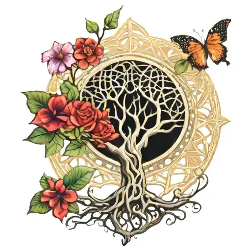 Tree Of Life With Flower Of Life In The Background