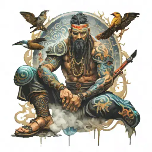 Traditional Masculine Warrior Meditating Surrounded By Community