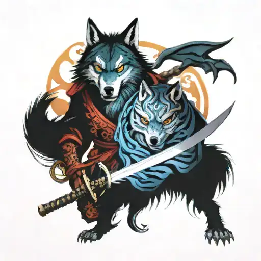 Wolf And Demon Samurai With Sword
