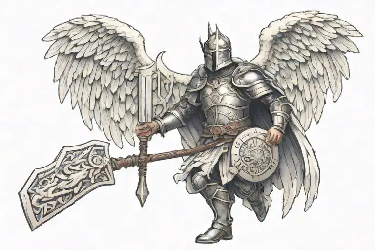 Paladin With Angel Wings Holding A Mallet And A Shield