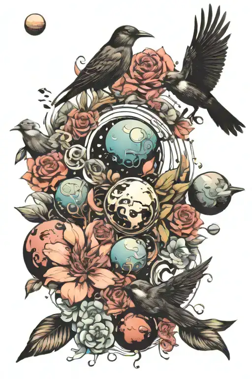 Floral Background With Birds And Planets Orbiting