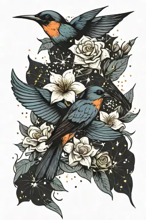 Floral Background With Swallow And Scattered Stars