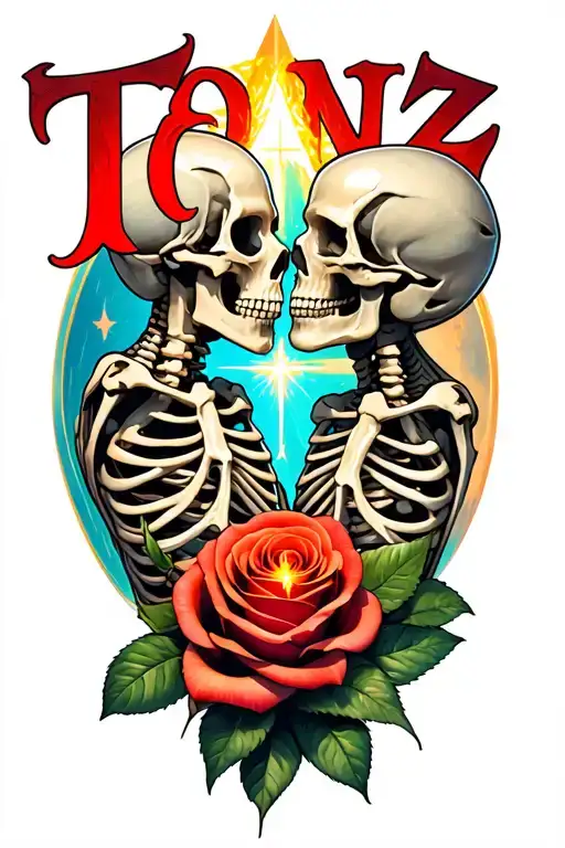 The Word 'Tonz' 2 Skeletons Kissing And Star Transforming Into A Rose