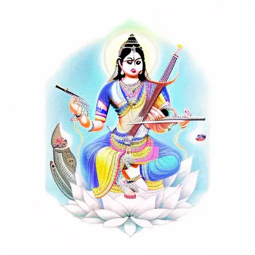 Saraswati Goddess Playing Sitar In Nature