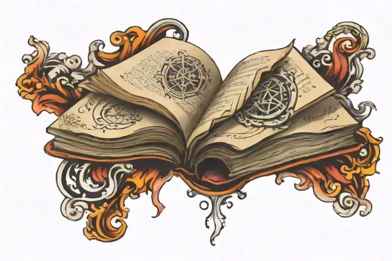 A Traditional Style Tattoo Of An Open Book With Ancient Symbols Of Wisdom Flowing Out Of Its Pages