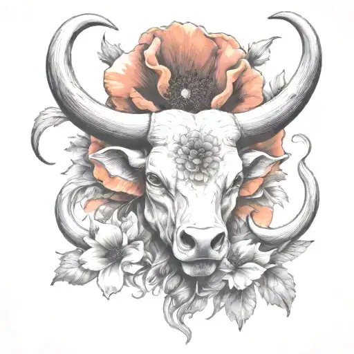 A Set Of Bull Horns Behind A Poppy Flower