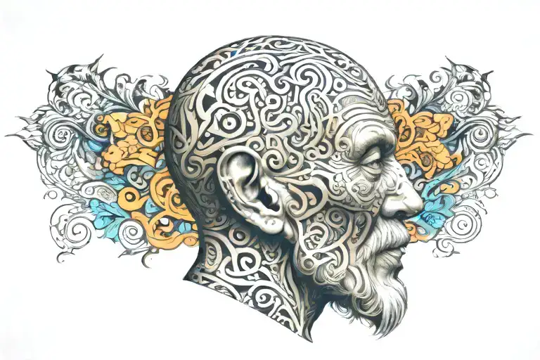 A Portrait Of A Wise Old Head With Intricate Patterns Representing Knowledge And Enlightenment