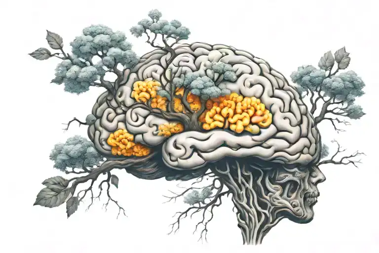 A Surreal Scene Of A Floating Brain Meditating Under A Tree Of Wisdom