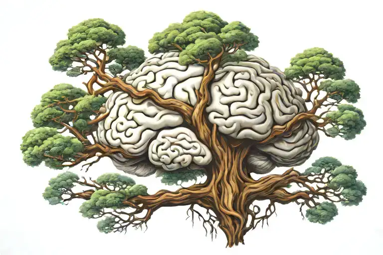 A Surreal Scene Of A Floating Brain Meditating Under A Tree Of Wisdom