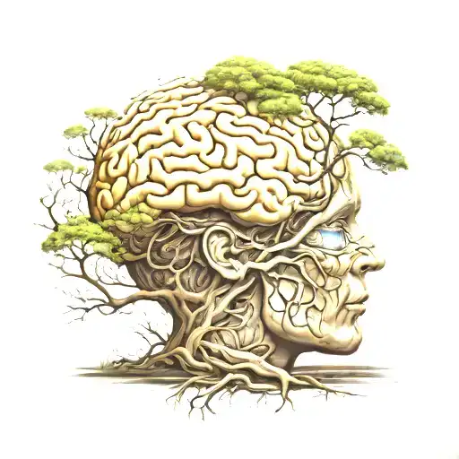 A Surreal Scene Of A Floating Brain Meditating Under A Tree Of Wisdom