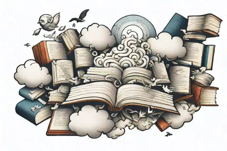 A Surrealistic Scene Of A Cloud Surrounded By Floating Books And Symbols Of Enlightenment