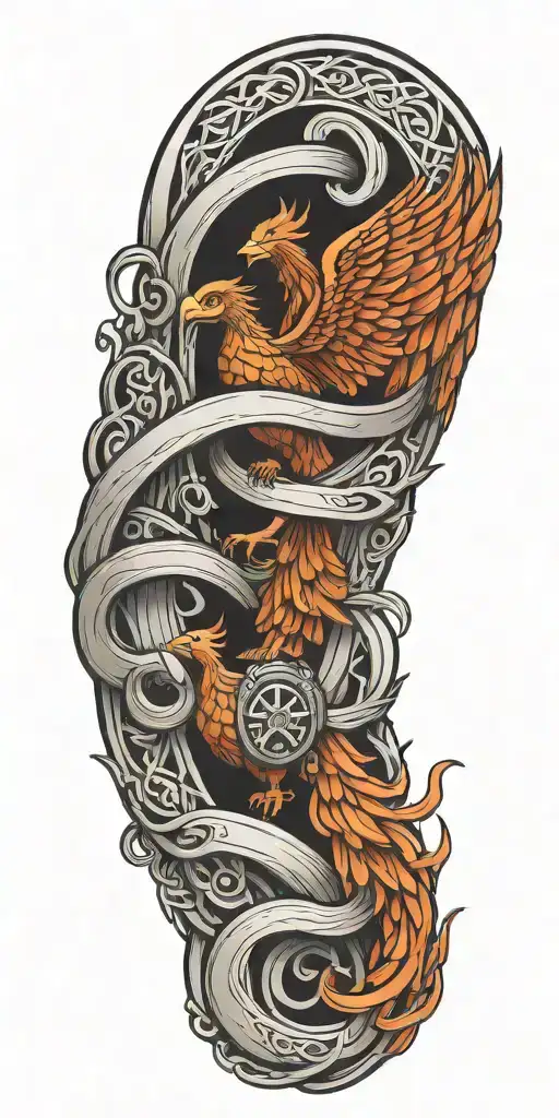 Firefighter Themed Sleeve With A Phoenix Transitioning Into Firehose Celtic Knot Work