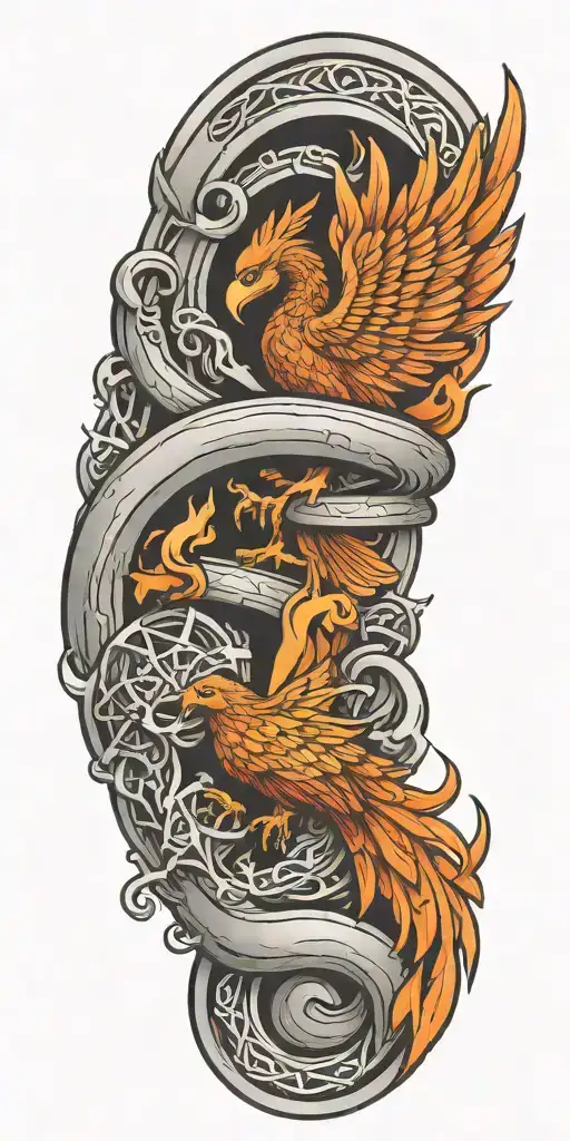 Firefighter Themed Sleeve With A Phoenix Transitioning Into Firehose Celtic Knot Work