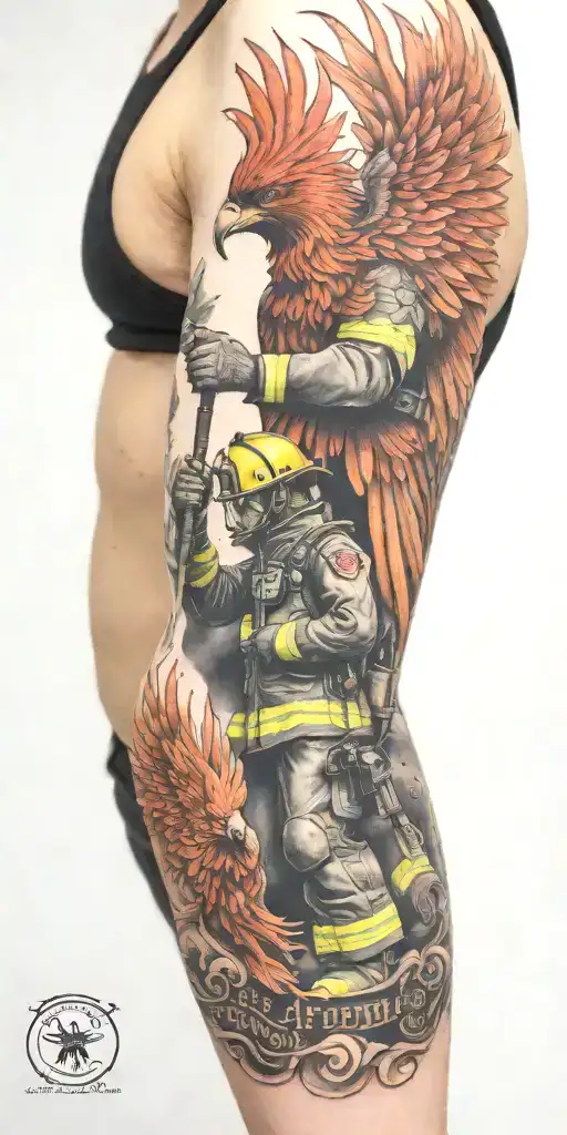 Firefighter Sleeve Tattoo Featuring Phoenix