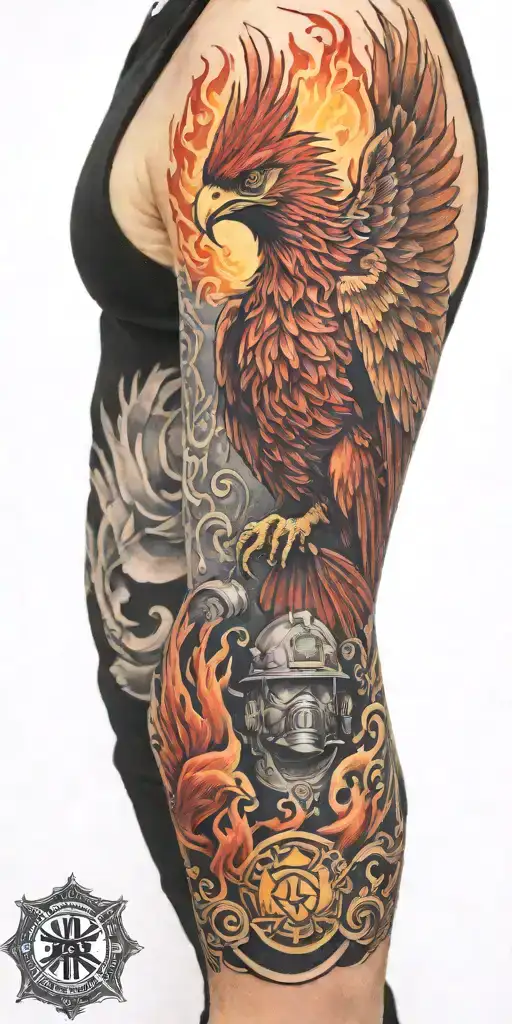 Firefighter Sleeve Tattoo Featuring Phoenix