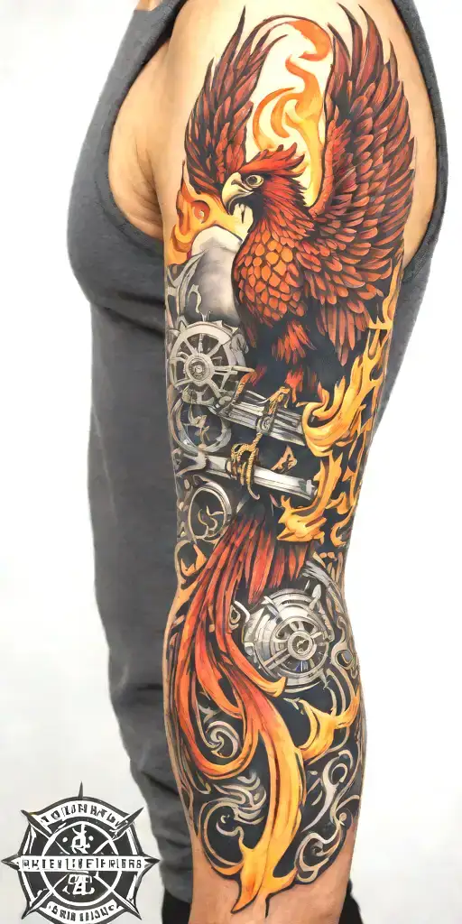 Firefighter Sleeve Tattoo Featuring Phoenix