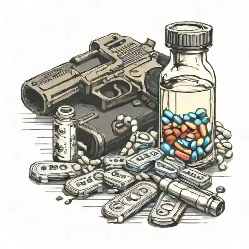 Dog Tags & Semi Automatic Pistol & Bottle Of Pills
