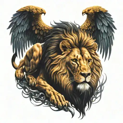 A Great Lion And Below Him A Kneeling Winged Warrior