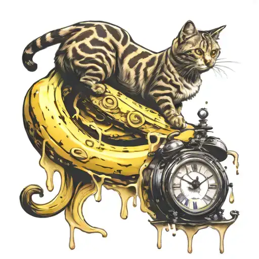 Cat Riding Banana Through Melting Clock
