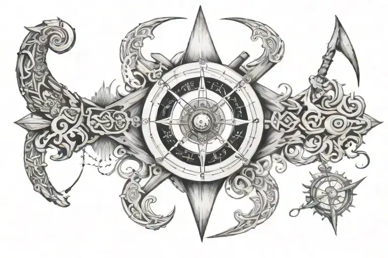 Viking And Compass Tattoo Design Combining
